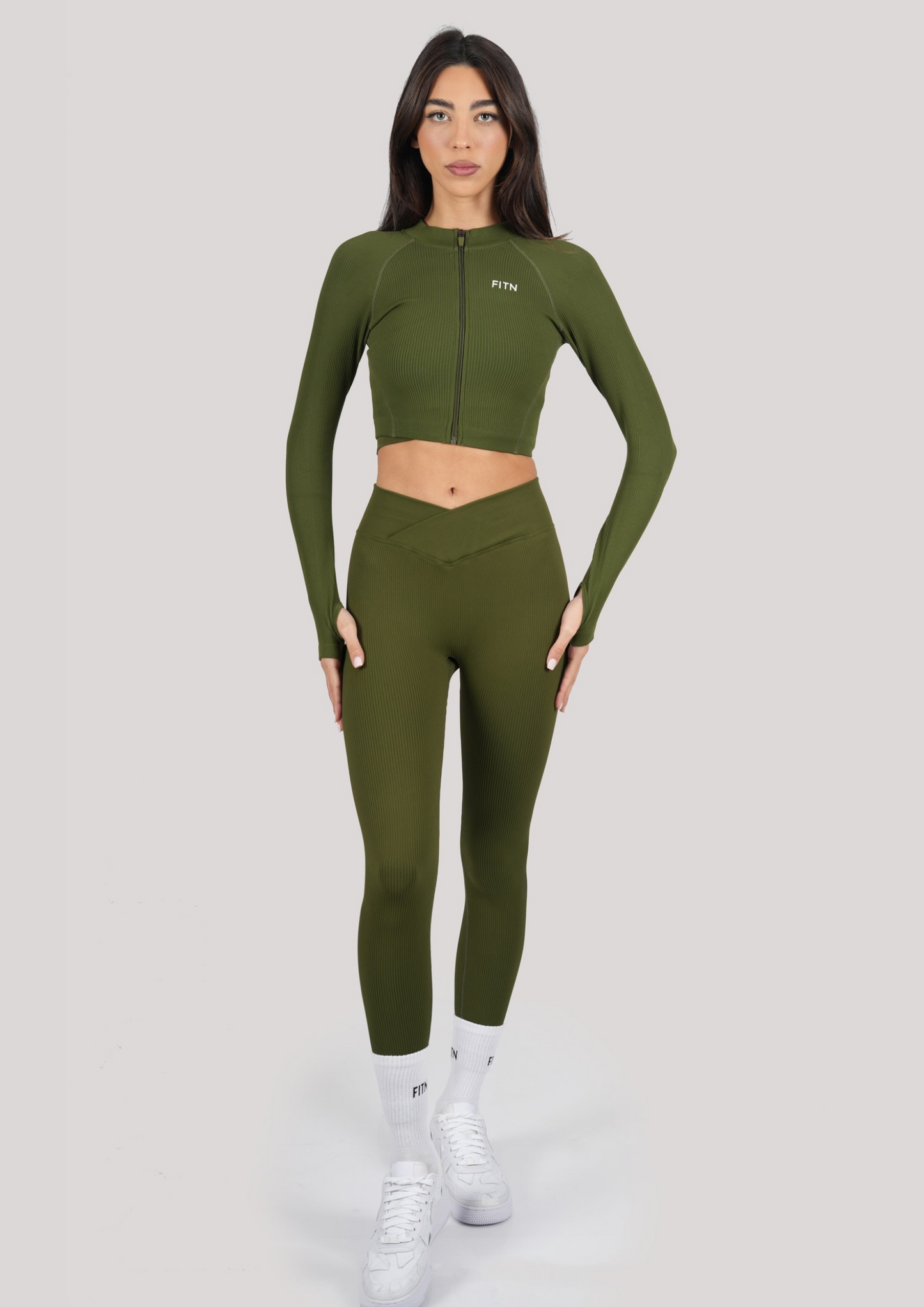 Jade green ribbed long sleeve bra